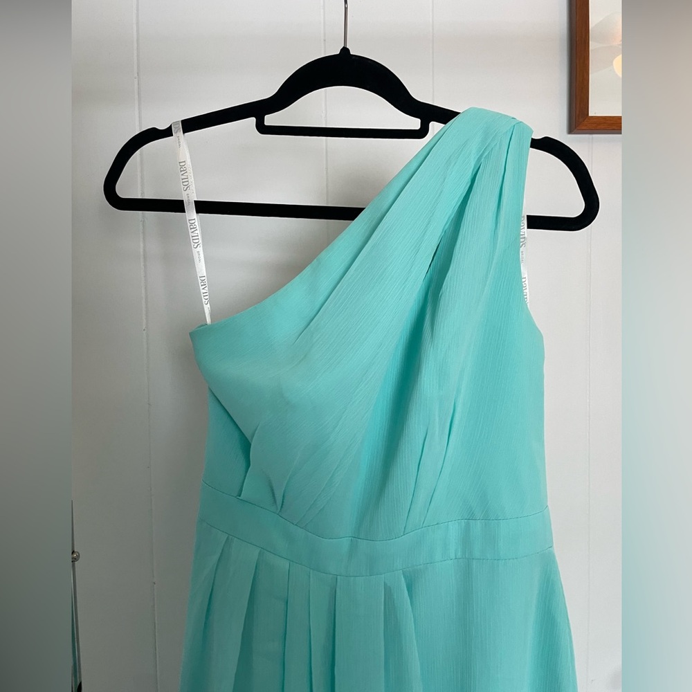 CELEBRATE DB STUDIO Long One-Shoulder Crinkle Chiffon Dress, Size 6, Turquoise